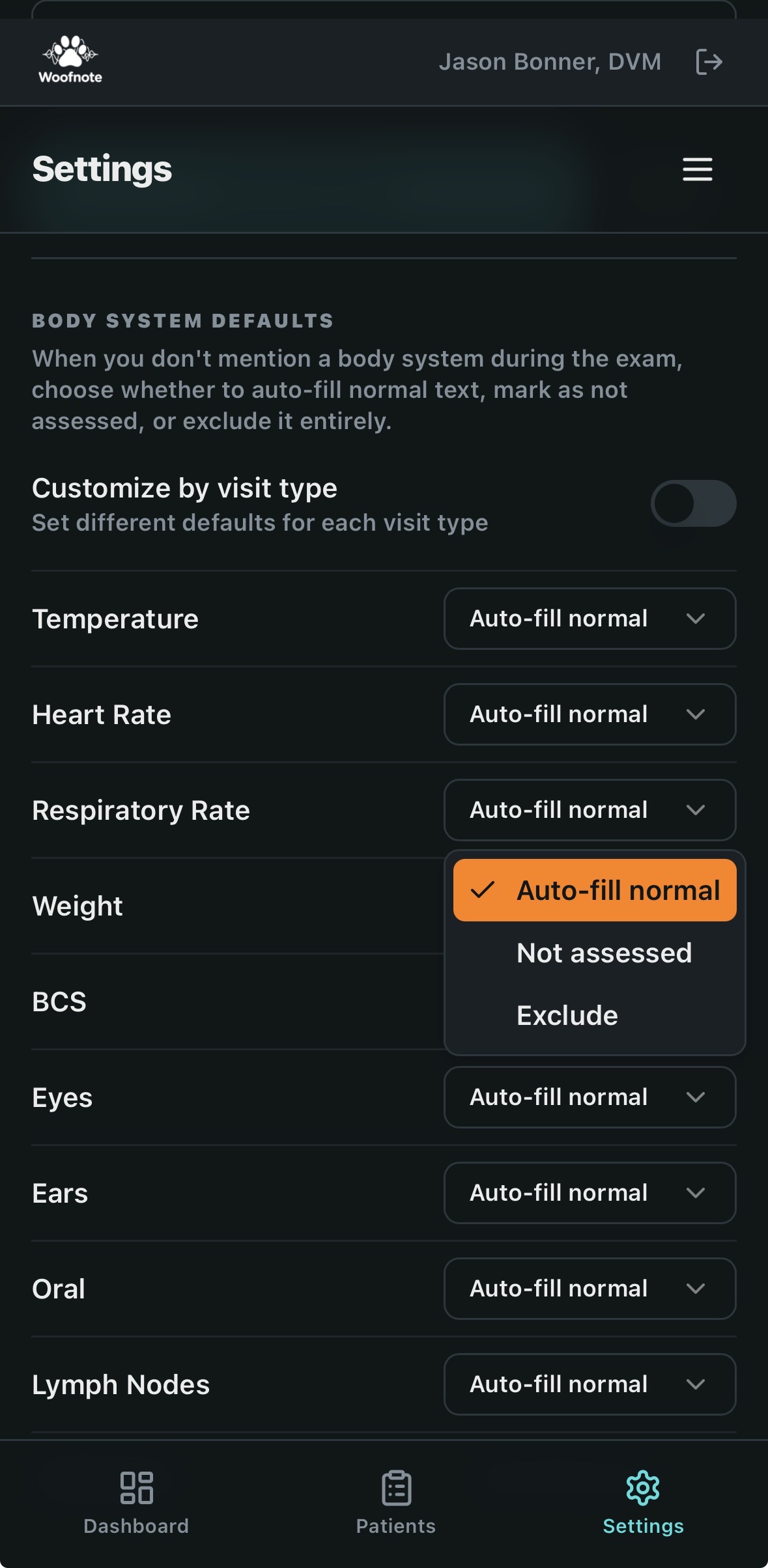 Body system defaults — auto-fill, not assessed, exclude