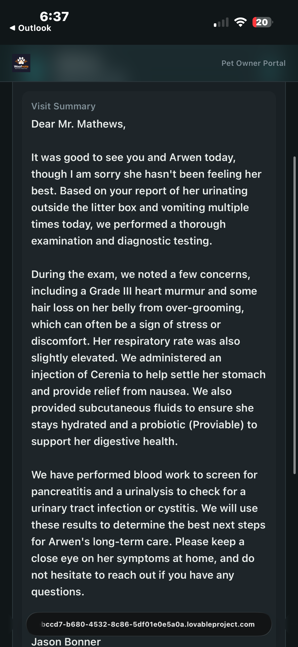 Pet Owner Portal - client email view